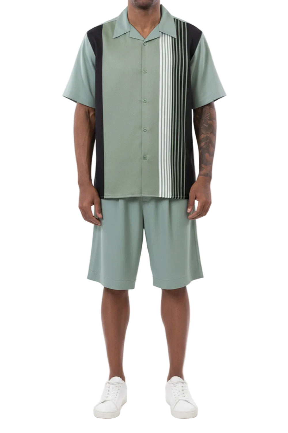 Apple Vertical Stripe Walking Suit 2 Piece Set Short Sleeve Shirt with Shorts