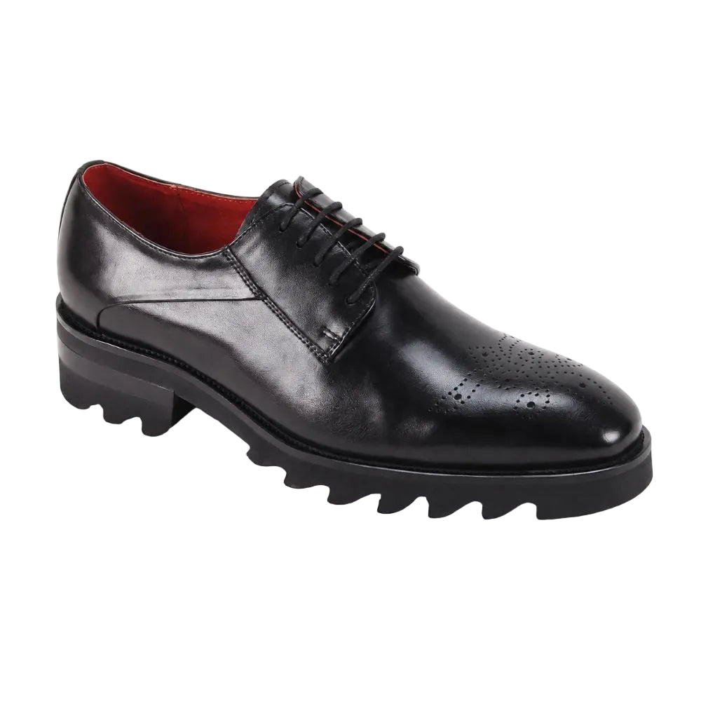 A black leather lace-up dress shoe with a chunky lug sole and a contrasting red interior lining, shown from a three-quarters angle on a white background.