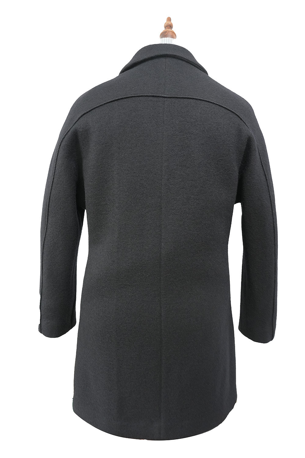 100% Wool 3 Button Top Coat in Black, solid pattern, showing collar, three buttons, and pockets on a white background.