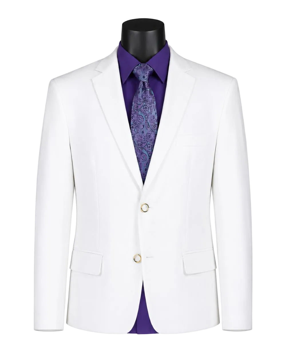 White suit jacket with purple shirt and tie on a mannequin against a white background