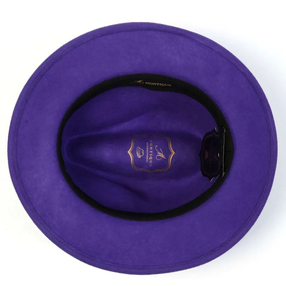 Solid Blackberry Wool Felt Fedora Pinch Front hat with feather accent.