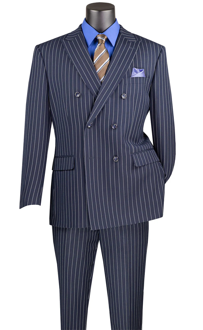 Navy Regular Fit 2 Piece Pinstripe Double Breasted Suit With Flexible Elastic Waistband