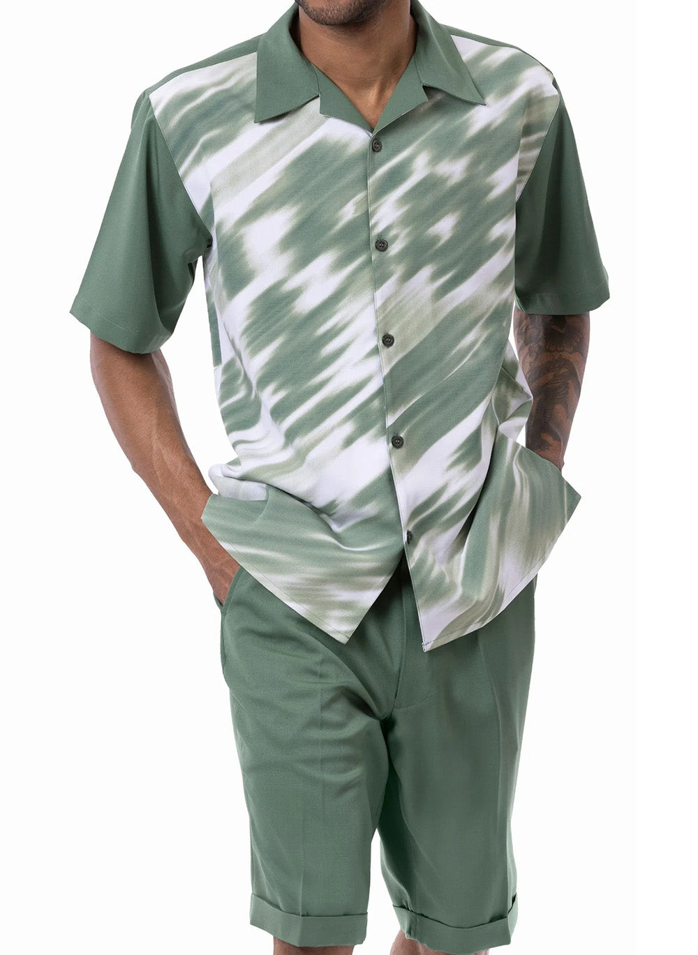 Close-up view of the solid short sleeve and collar from the Emerald Print Design Walking Suit 2 Piece Set shirt.