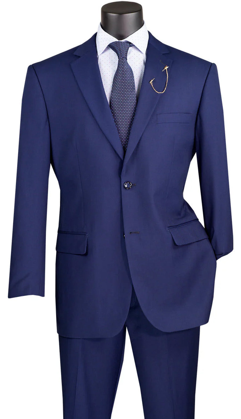 Solid Patriot Blue Nola Collection Regular Fit 2 Piece Suit jacket shown with tie, collar, buttons, and pocket.