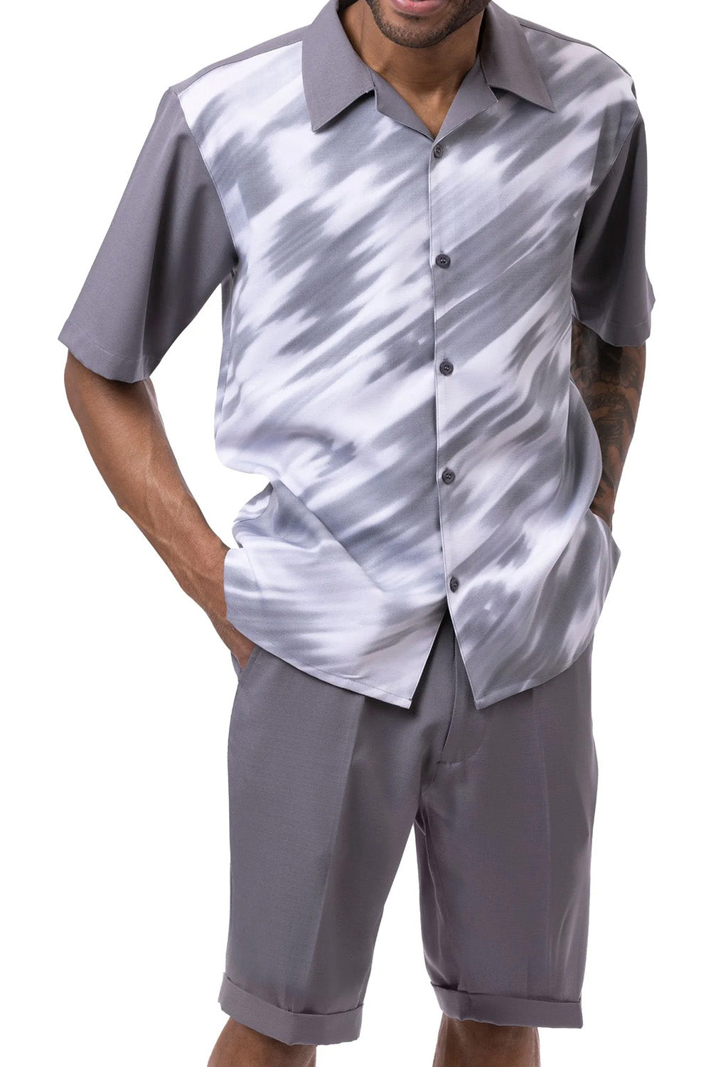 Close-up of the gray print design short sleeve on the Montique walking suit shirt, showing button, pocket, and collar.