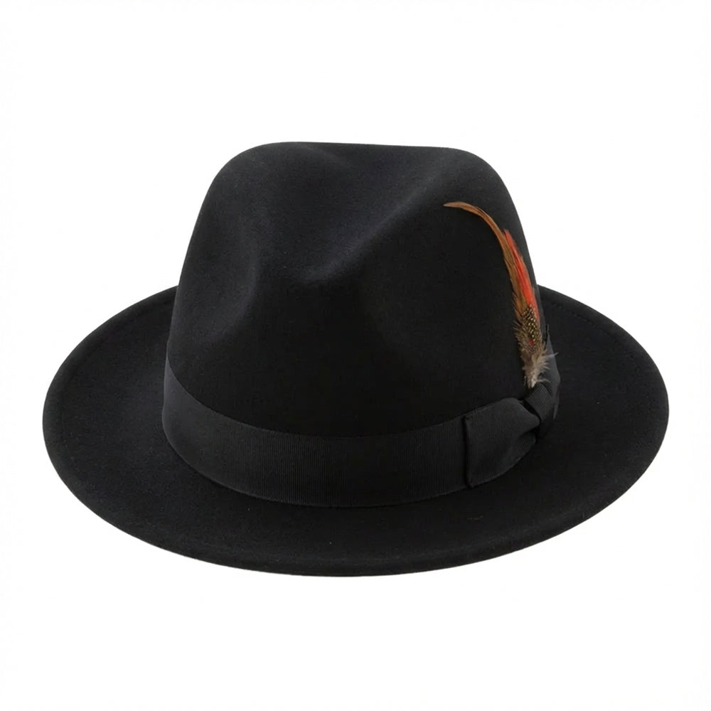Solid black wool felt crushable fedora hat with feather accent from the Brooklyn Collection, displayed on a white background.