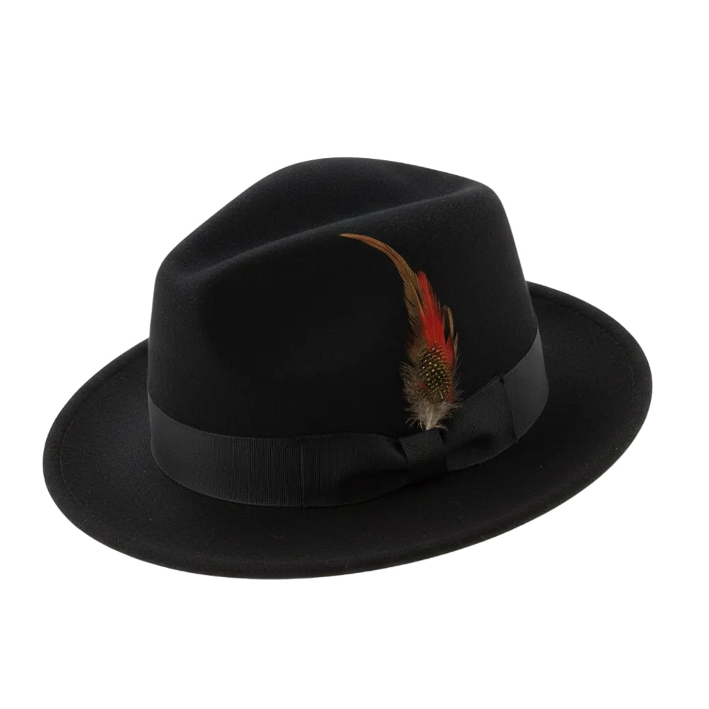 Brooklyn Collection - Wool Felt Crushable Fedora with Feather Accent in Black