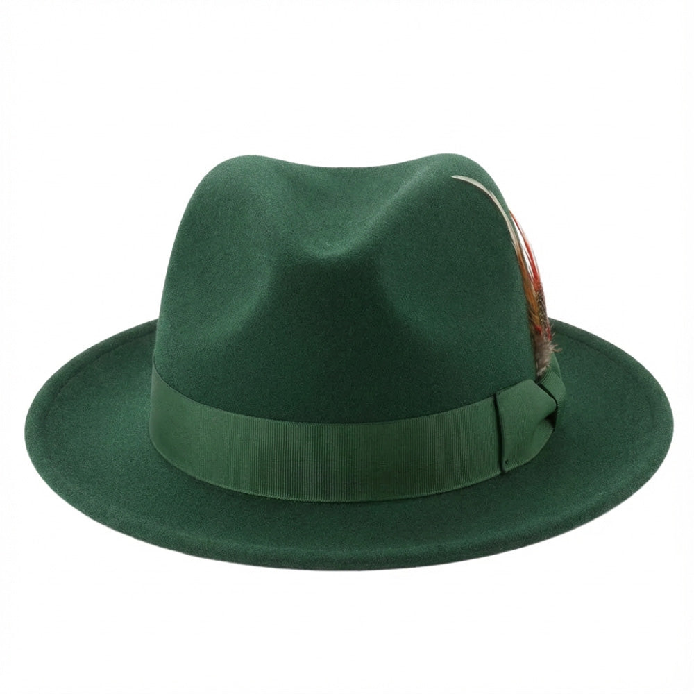 Solid Suits Outlets Brooklyn Collection - Wool Felt Crushable Fedora with Feather Accent in Hunter Green.