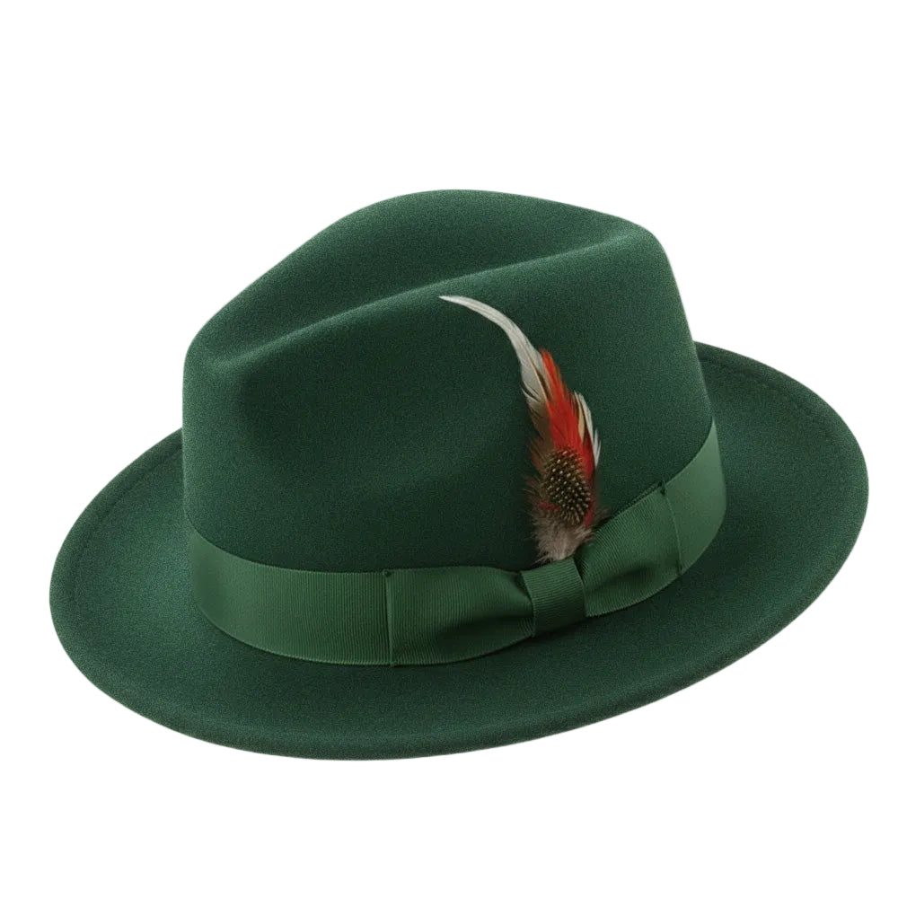 Brooklyn Collection - Wool Felt Crushable Fedora with Feather Accent in Hunter Green