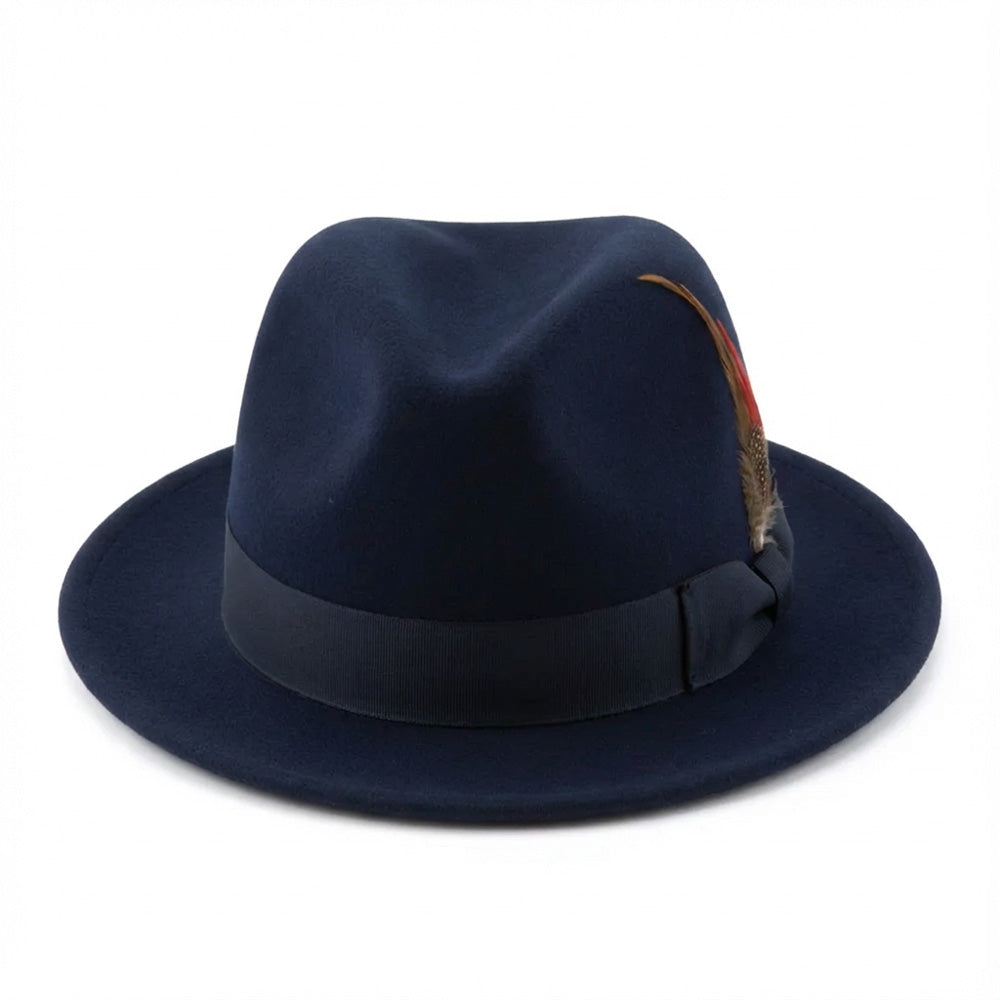 Solid navy wool felt crushable fedora hat with feather accent, Brooklyn Collection.