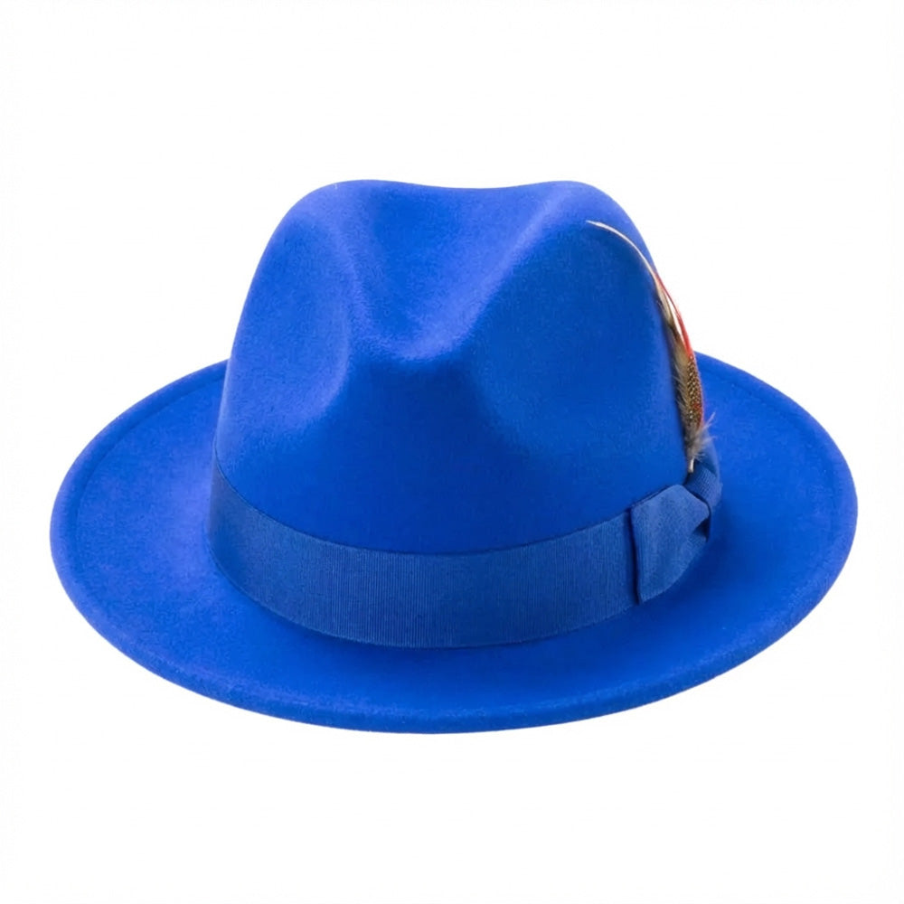 Solid royal wool felt crushable fedora with a feather accent, from the Brooklyn Collection.