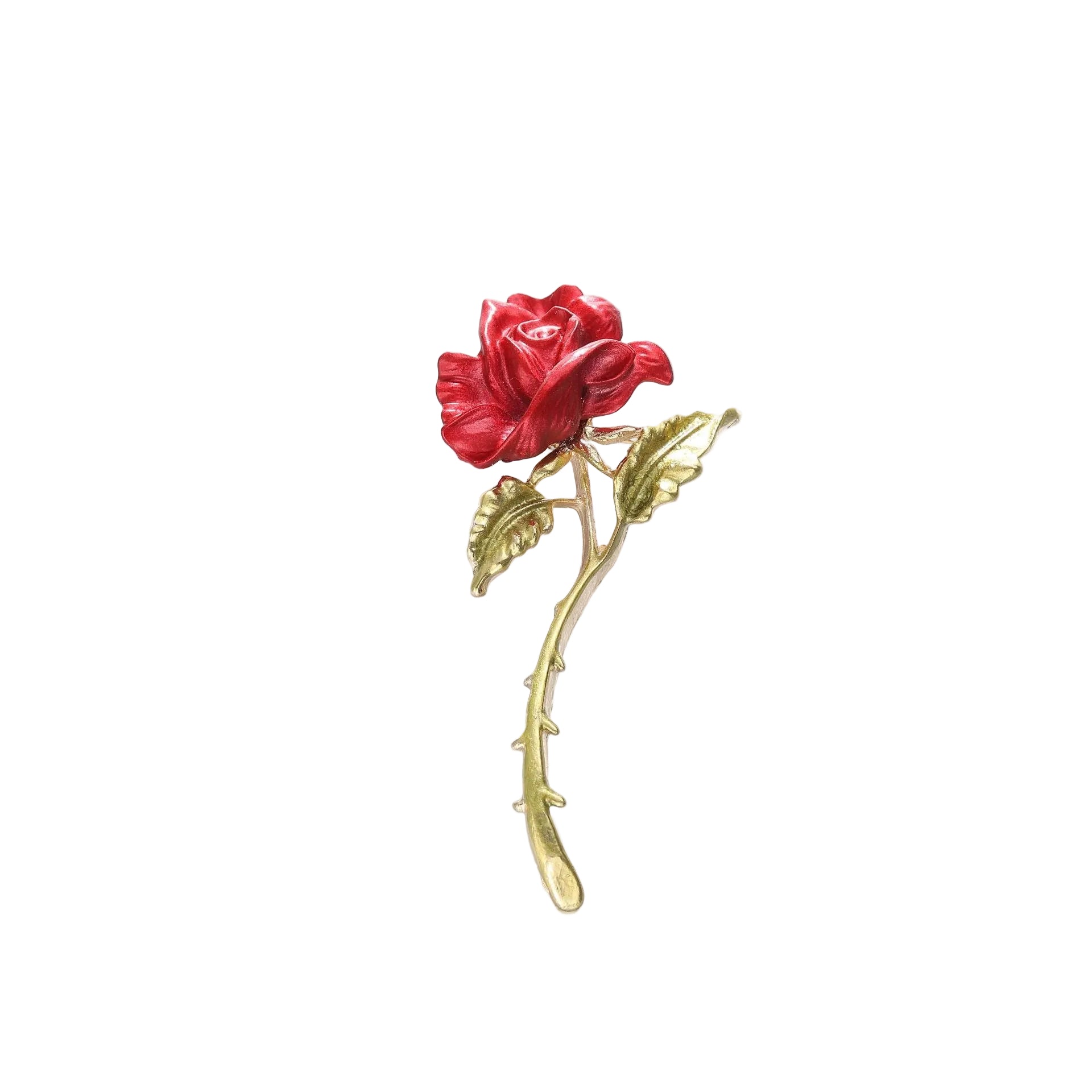 Red rose brooch with gold stem on a white background