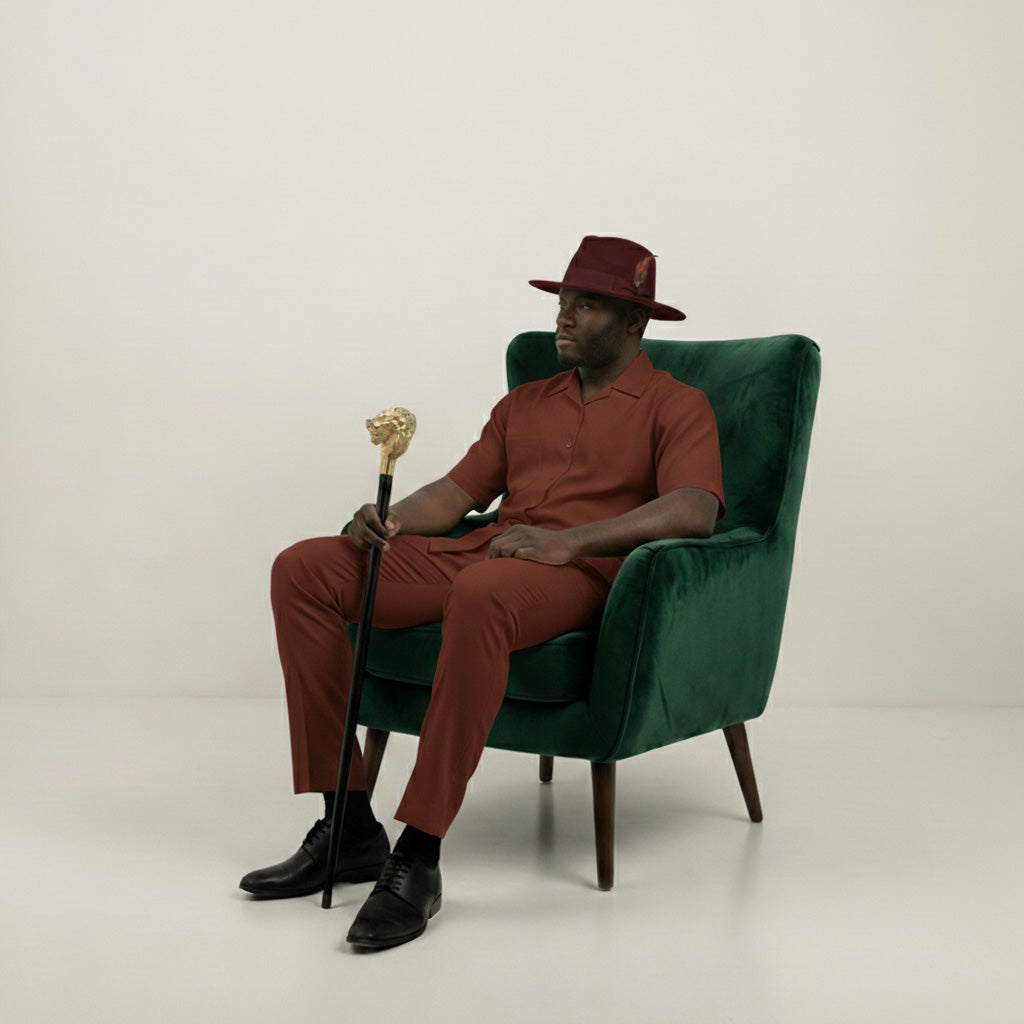 Solid hat and shoes shown with the Maroon Short Sleeve Summer Walking Suit Set with Flexible Waist Pants.