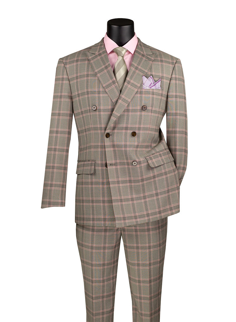 Light Taupe Modern Fit Double Breasted Glen Plaid Peak Lapel 2 Piece Suit jacket, showing its checkered pattern.