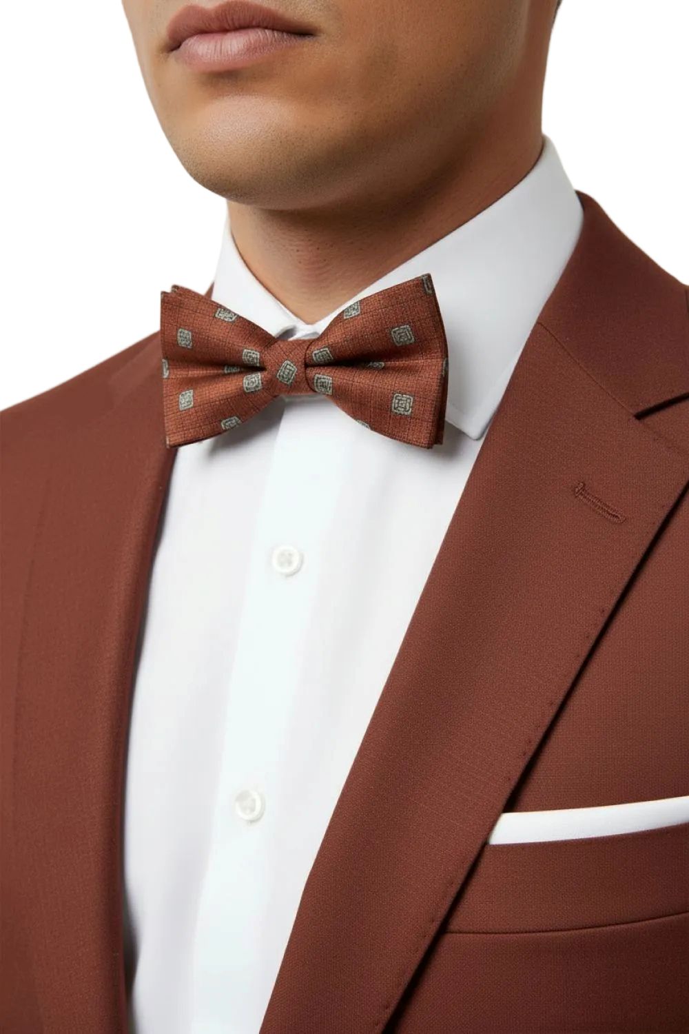 Man wearing a brown suit with a patterned bow tie