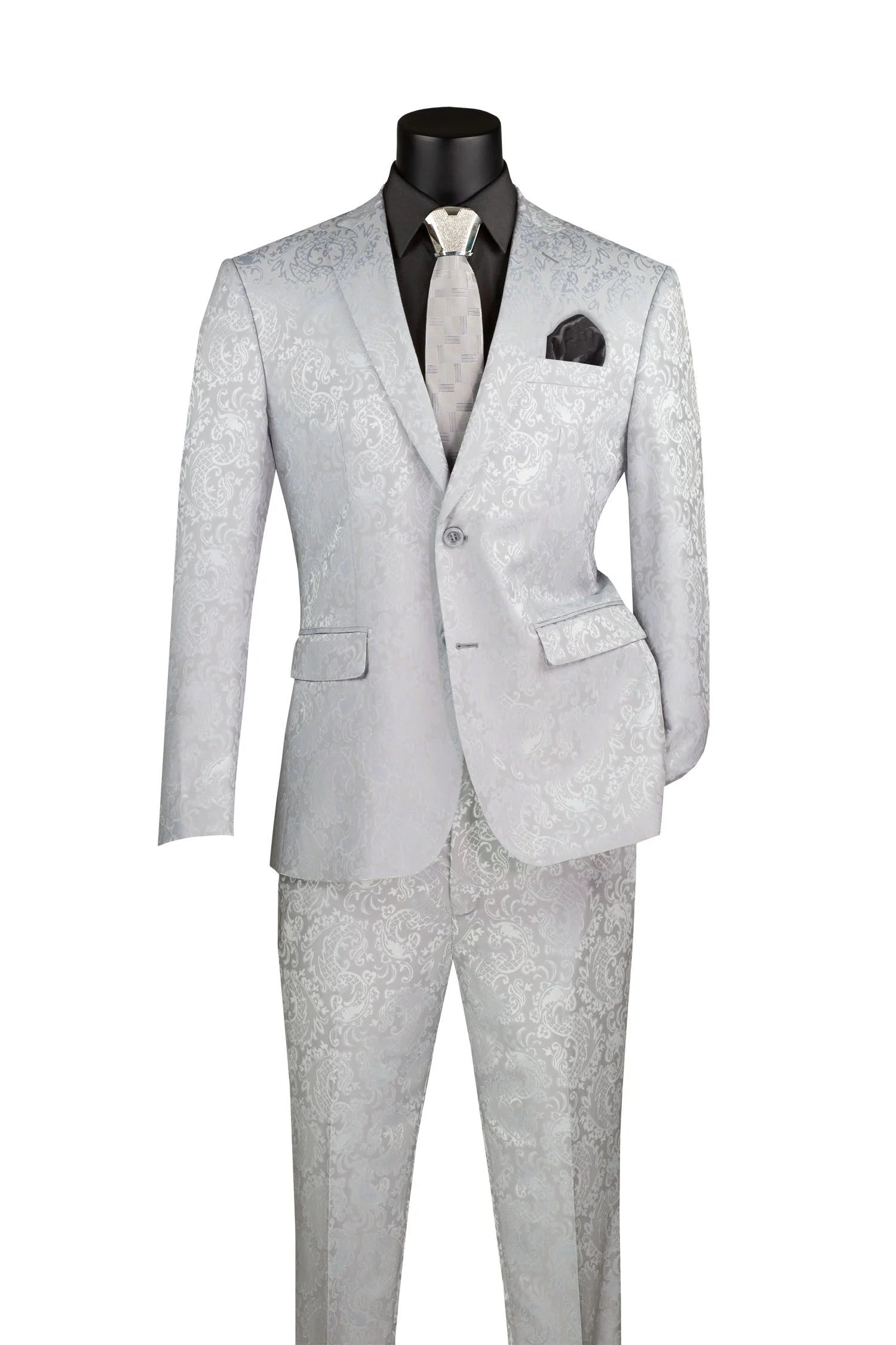 Silver Tone on Tone Paisley Pattern Slim Fit Men's 2 Piece Suit 2 Button