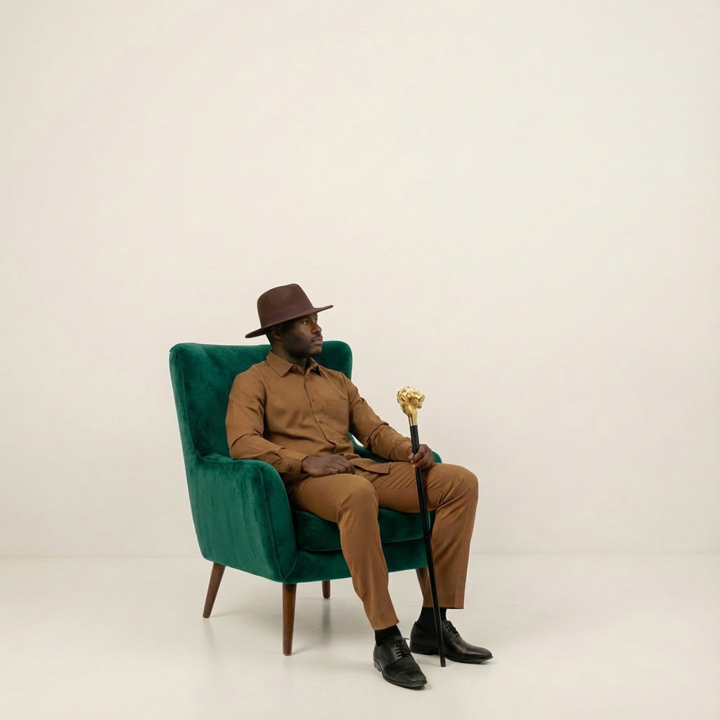 Solid taupe Long Sleeve Walking Suit jacket of 2 Piece Set with Flexible Waist Pants, worn with hat and shoes.