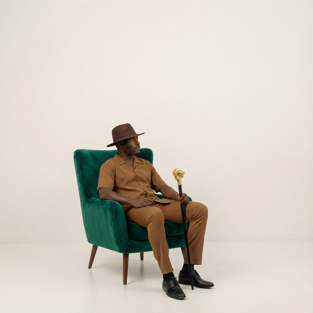 Solid brown Brooklyn Collection Wool Felt Crushable Fedora hat with feather accent, shoes visible.