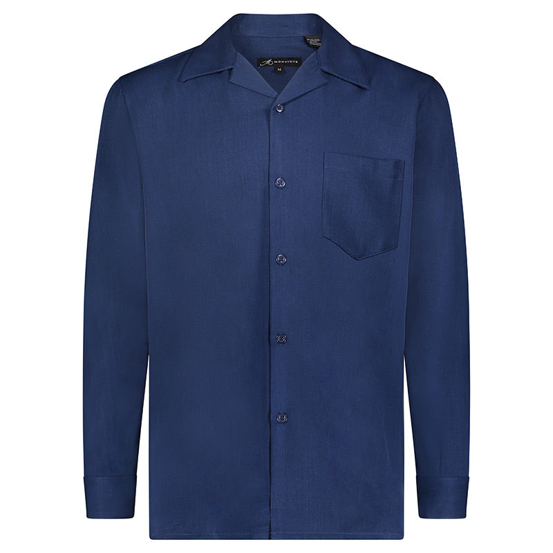 Close-up of a solid Navy sleeve on the Montique Men's 2 Piece Long Sleeve Walking Suit jacket, showing collar and buttons.