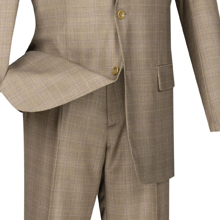 A tan checkered Vinci Pompey Collection Men's Glen Plaid Dress Suit jacket, regular fit, showing collar and buttons.
