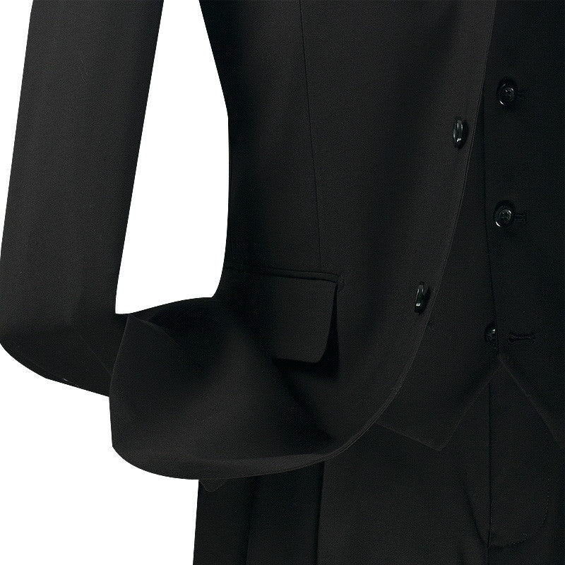 A solid Vinci Regular Fit Men's Suit 3 Button 3 Piece Black jacket, showing collar, buttons, sleeves, and pockets.