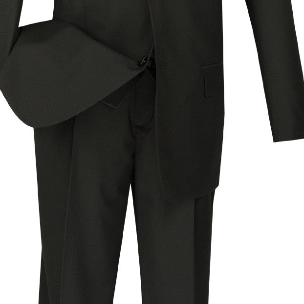 Solid black Santorini Collection Regular Fit Tuxedo 4 Piece with Vest Bow Tie, showing collar, buttons, pockets, and shoes.