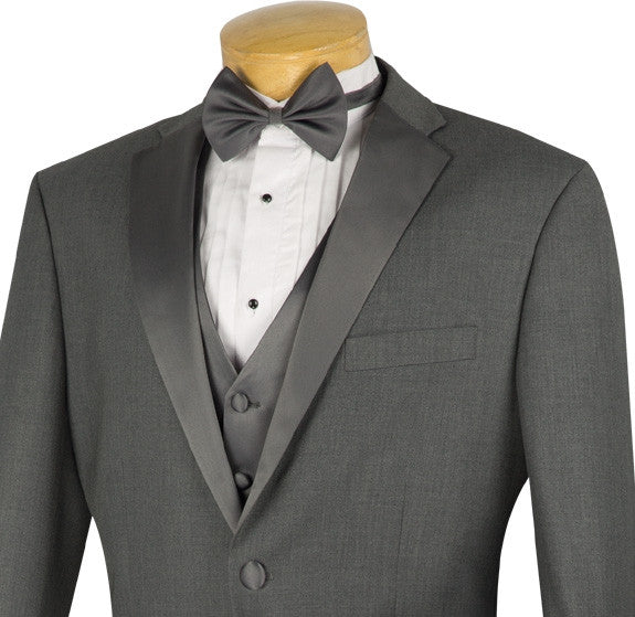 Santorini Collection Regular Fit Gray Tuxedo 4 Piece dress shirt, solid, with bow tie, collar, buttons.