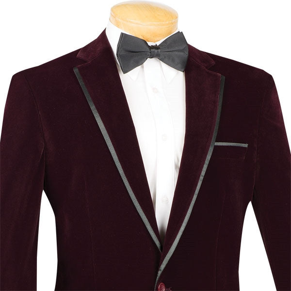 Solid Velvet Regular Fit Men's Blazer in Wine jacket, shown styled with a tie, bow tie, and shirt collar.