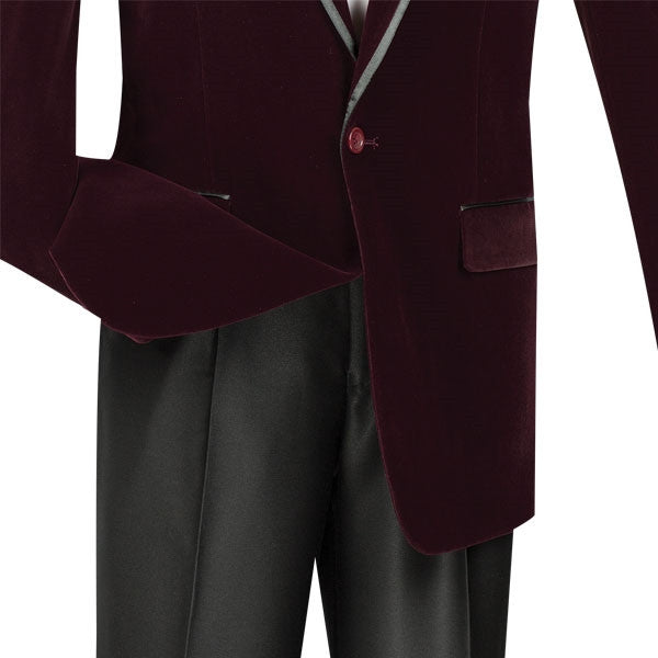 Solid Vinci Velvet Regular Fit Men's Blazer in Wine displayed on a mannequin, showing notch lapels and buttons.