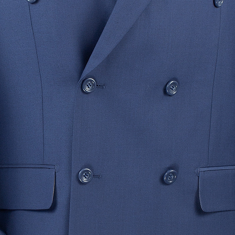 Close-up of a solid blue Double Breasted 2 Piece Suit Regular Fit jacket, showing a button, collar, and pocket detail.
