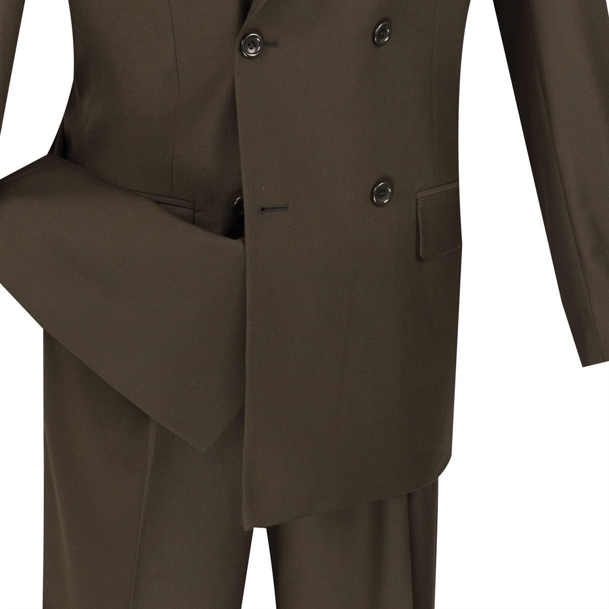 Solid Double Breasted Suit 2 Piece Regular Fit in Brown jacket showing collar, buttons, and pocket details.