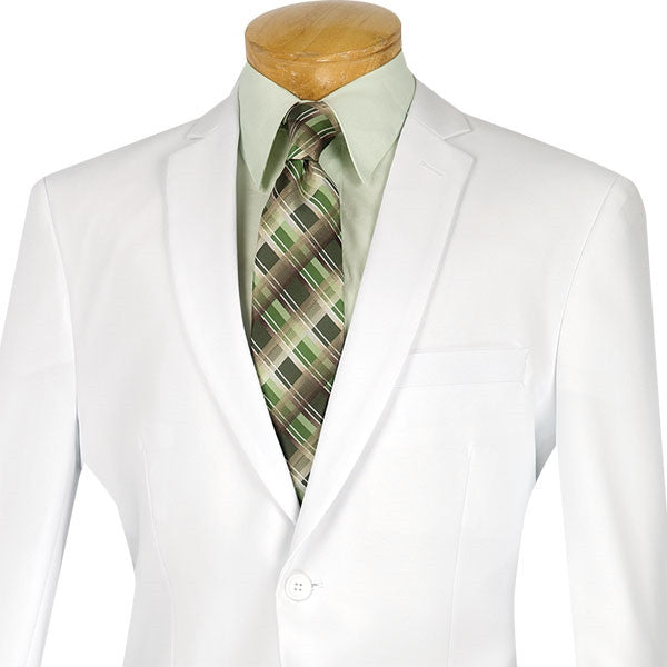 Vinci solid White Slim Fit Men's 2 Piece Business Suit 2 Button jacket, showing collar, front buttons, and a tie.