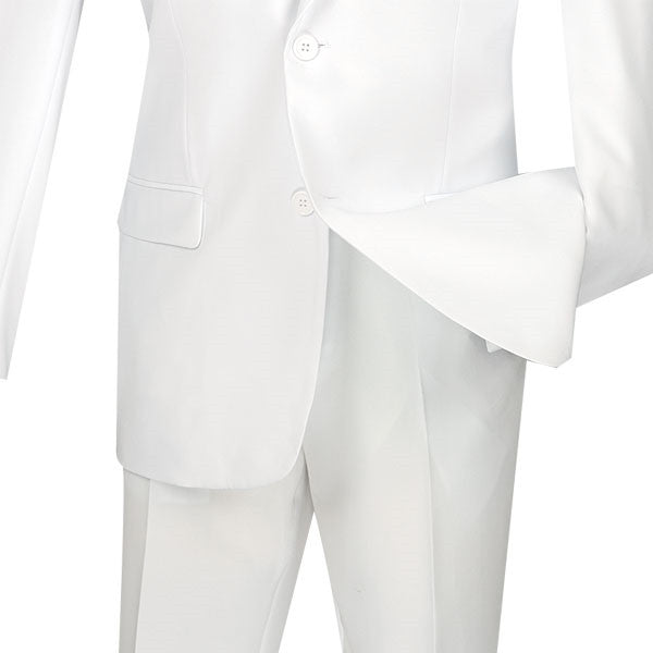 Solid White Slim Fit Men's 2 Piece Business Suit 2 Button jacket, with collar, buttons, and pockets.