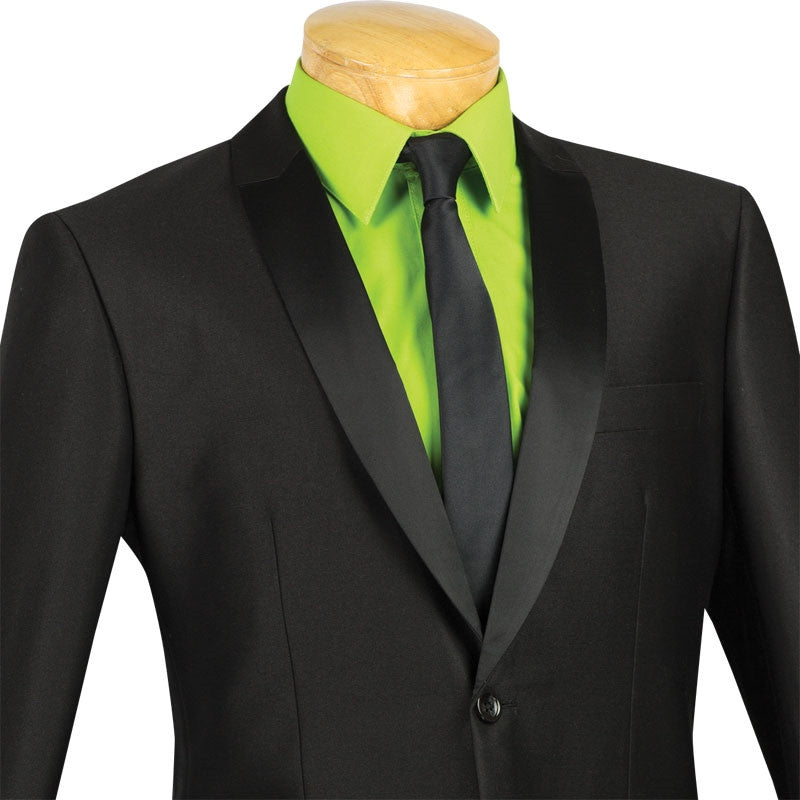 Solid black Slim Fit Shiny Sharkskin Men's 2 Piece Suit jacket with a visible tie, collar, and pocket.