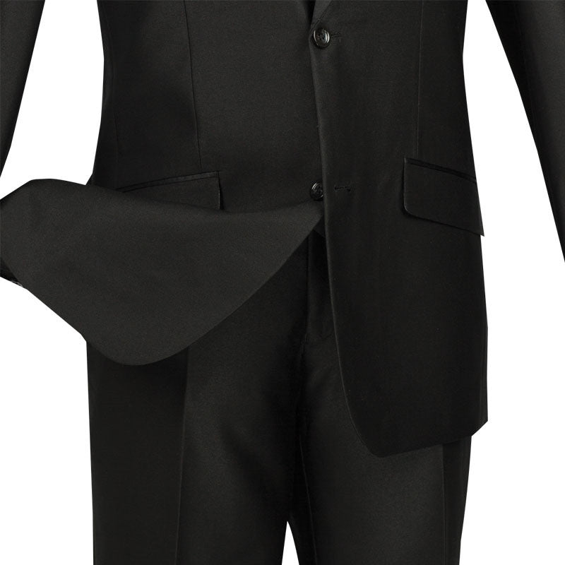 Solid Black Slim Fit Shiny Sharkskin Men's 2 Piece Suit jacket with collar, buttons, and pockets visible.