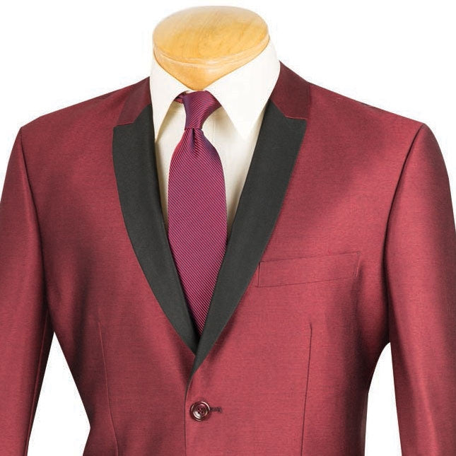 Solid dress shirt for the Slim Fit Shiny Sharkskin Men's 2 Piece Suit in Maroon, featuring a collar and tie.