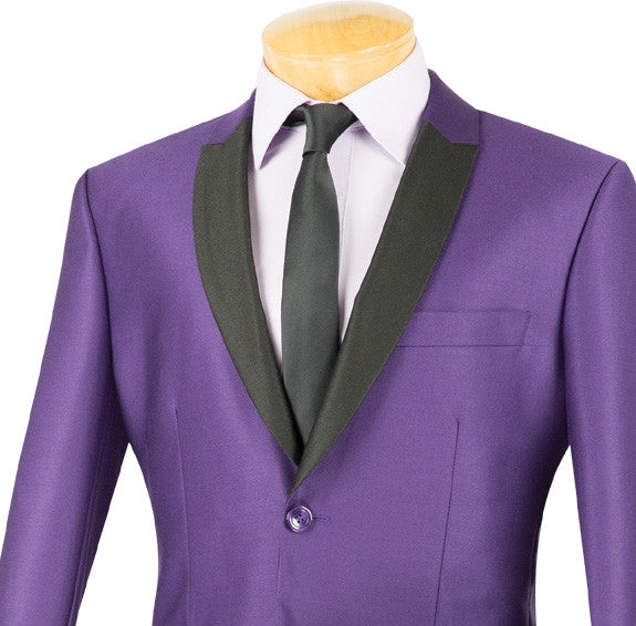 Solid Slim Fit Shiny Sharkskin Men's 2 Piece Suit in Purple, shown with a tie.