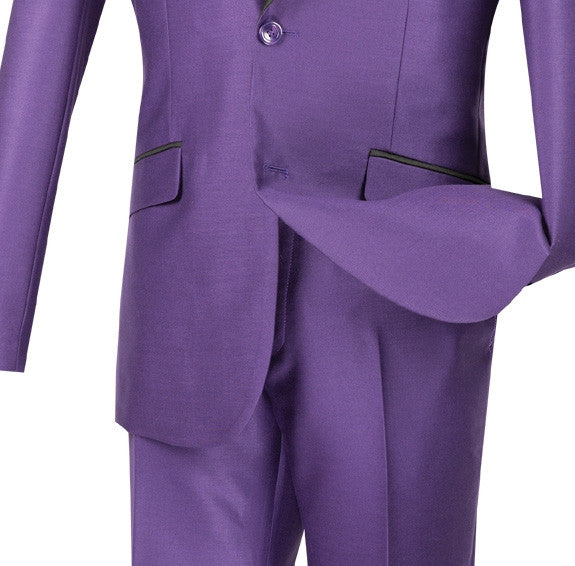 Solid Slim Fit Shiny Sharkskin Men's 2 Piece Suit in Purple jacket, featuring collar and buttons.