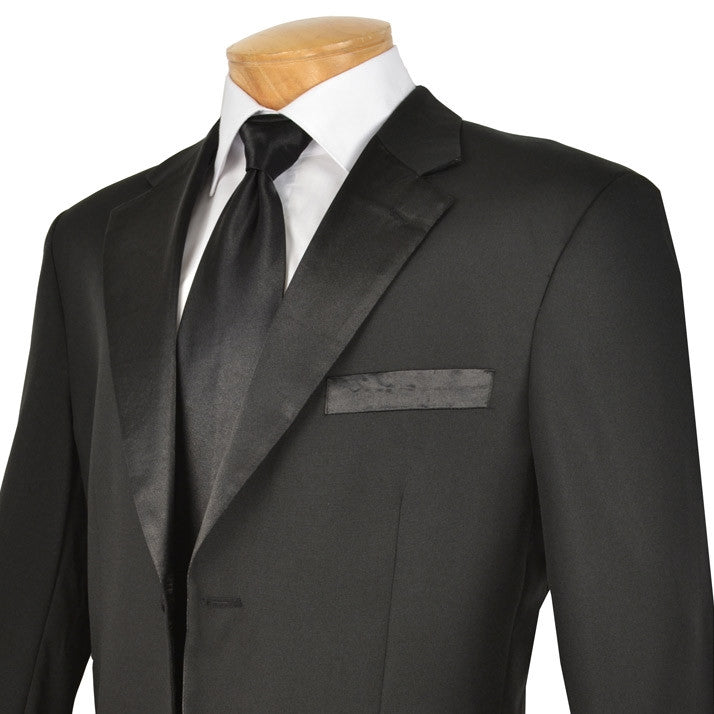 Solid Vinci Royale Collection Regular Fit 2 Piece Black Tuxedo jacket, showing tie, collar, buttons, and pockets.