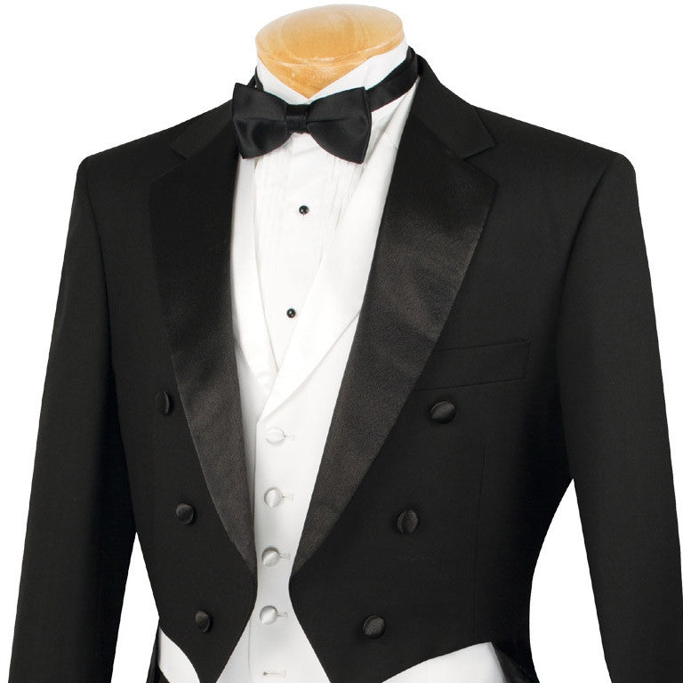 Vinci solid black regular fit 3-piece tuxedo jacket with tails, showing collar, buttons, and bow tie.