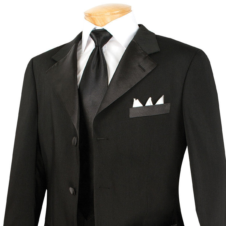 Solid black Vinci 3-button regular fit tuxedo jacket featuring tie, collar, buttons, and pockets.