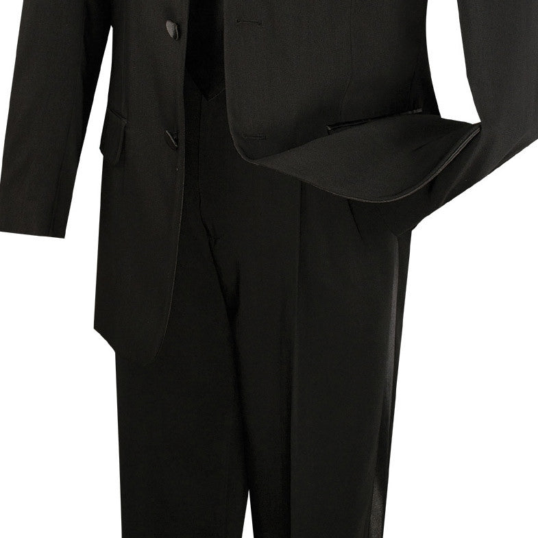 Vinci solid black regular fit 2-piece 3-button tuxedo suit, showing collar, buttons, pockets, and shoes.