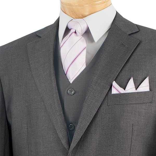 Vinci Morgan Collection Regular Fit 3 Piece 2 Button solid Heather Gray suit jacket, shown with a tie and shirt collar.
