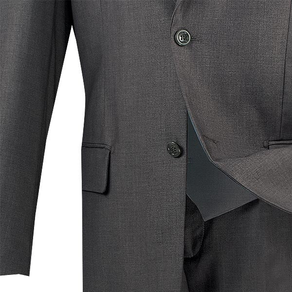 Solid Heather Gray Morgan Collection Regular Fit 3 Piece 2 Button blazer, showing collar, buttons, and pocket detail.