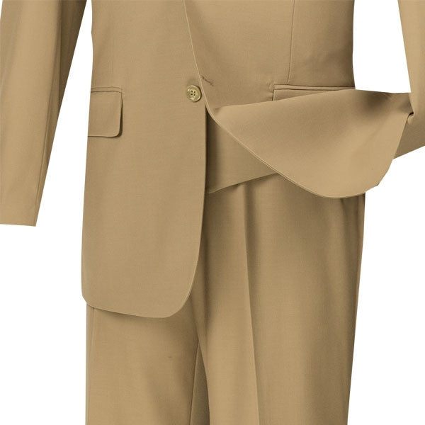 Close-up of the solid Khaki collar on the Morgan Collection Regular Fit 3 Piece Suit 2 Button, showing buttons and a pocket.