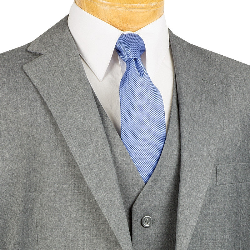 Vinci solid Morgan Collection Regular Fit 3 Piece Suit 2 Button Medium Gray jacket, displaying collar, buttons, and tie.