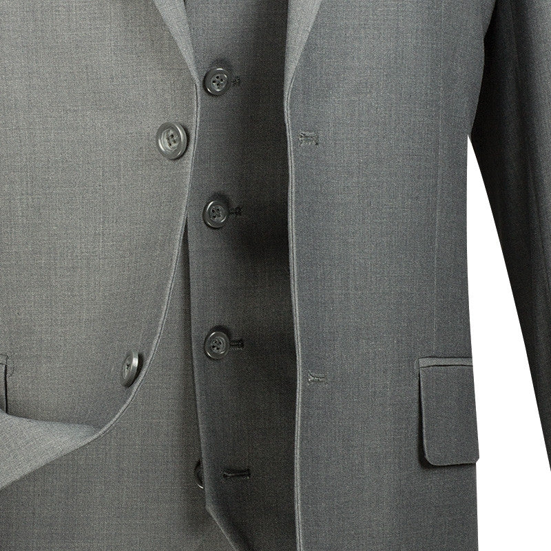 Vinci Morgan Collection Regular Fit 3 Piece Suit 2 Button solid medium gray blazer showing collar, buttons, and pockets.