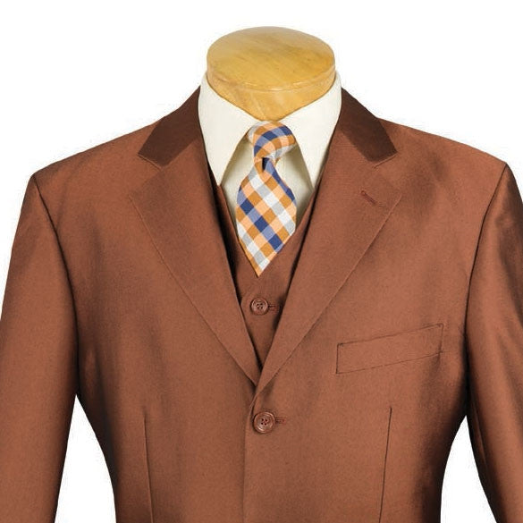 Regular Fit Dress Suit 3 Piece 3 Button Shiny Sharkskin Amber blazer with tie, collar, buttons, pocket on white background.