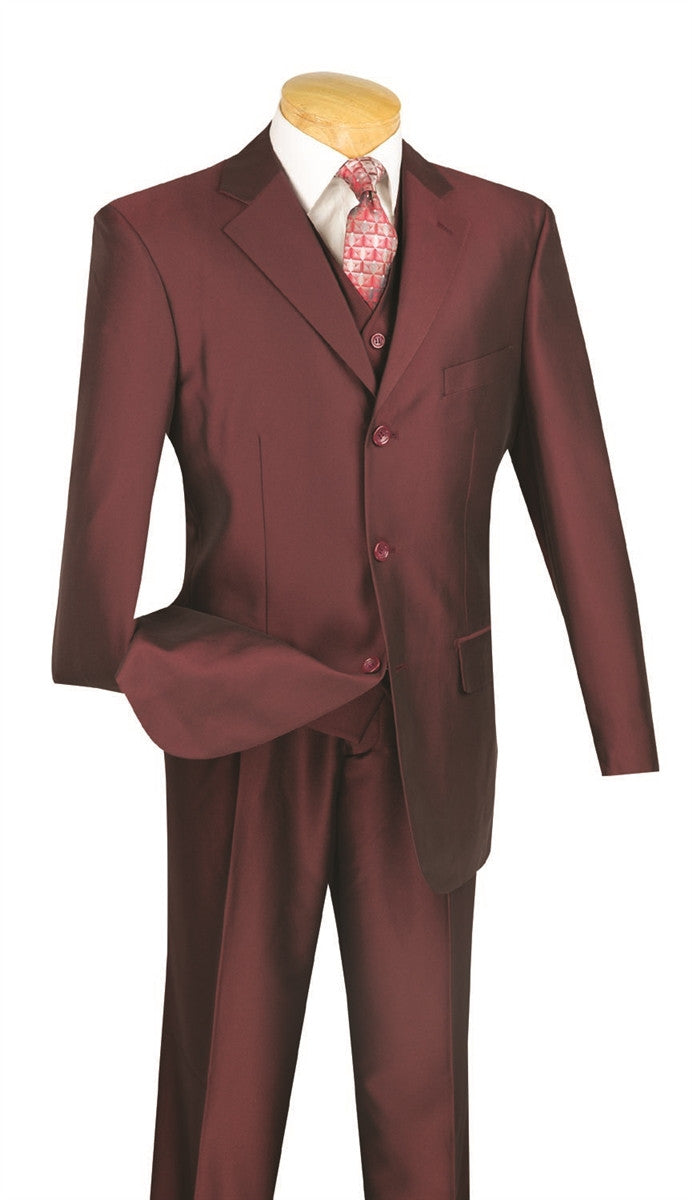 Lazio Collection - Regular Fit Dress Suit 3 Piece 3 Button Shiny Sharkskin in Burgundy
