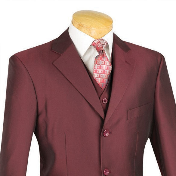 Lazio Collection - Regular Fit Dress Suit 3 Piece 3 Button Shiny Sharkskin in Burgundy